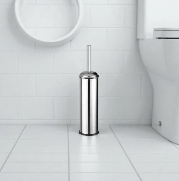 Porte-balayette WC inox avec poignée en acier inoxydable dans une salle de bain moderne.